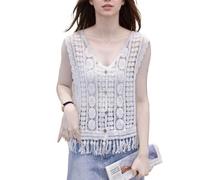 EMOTTOS Gilet sans Manches à Col en V pour Femme, Cardigan au Crochet avec Ourlet à Pompons, Boutons Vêtement D'été pour Robes de Soirée et Robes de Cocktail, Blanc, Taille Unique