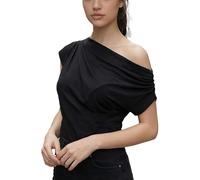 EMOTTOS Haut Asymétrique Épaules Dénudées Ruchés, Sexy T-Shirt Manches Courtes Top Slim Fit Hauts Épaule Dénudée Asymétriques Chic Elegant Tee pour d'Été Fête de Club pour Femme, Noir, Taille Unique