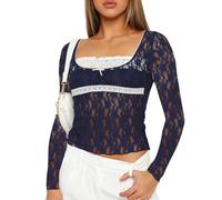 EMOTTOS Haut en Tulle à Manches Longues Sexy avec Dentelle Florale et Transparente, Top Court à Encolure carrée et Coupe ajustée Y2k avec Soutien-Gorge de pour Sortir dans la Rue.(Blue-L)