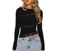 EMOTTOS Haut sexy en dentelle pour femme, Y2K patch de maille crop tops, T-shirt à manches longues avec ourlet irrégulier, encolure ronde ajustée en dentelle pour soirée en club, Noir, S-L, Noir , S