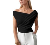 EMOTTOS Haut Y2K Femmes, Crop Tops plissés croisés, Sexy asymétriques, sans Manches, ajustés, en Tissu Extensible léger, Filles, Les fêtes d'été et Les Festivals, Noir, S