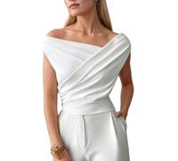 EMOTTOS Haut Y2K Femmes, Crop Tops plissés croisés, Sexy asymétriques, sans Manches, ajustés, en Tissu Extensible léger, Filles, Les fêtes d'été et Les Festivals, Blanc, S