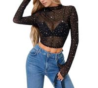 EMOTTOS Hauts à Paillettes en Dentelle pour Femmes, Haut Court Sexy à Encolure Ronde Y2K, T-Shirt à Manches Longues Transparent, Vêtements D'été pour Les Soirées en Boîte de Nuit, Noir, Tailles L