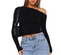EMOTTOS Hauts de Forme asymétriques pour Femmes, Sexy Y2K Lady Ruched Long Sleeve T-Shirt, Chemises Slim Fit Off-Shoulder, Fashion Ruched Drawstring Skinny Dupe Tee Shirt(Noir/Gris, S-L)