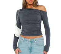EMOTTOS Hauts de Forme asymétriques pour Femmes, Sexy Y2K Lady Ruched Long Sleeve T-Shirt, Chemises Slim Fit Off-Shoulder, Fashion Ruched Drawstring Skinny Dupe Tee Shirt(Noir/Gris, S-L)
