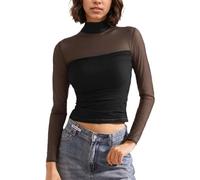 EMOTTOS Hauts de Mailles en Patchwork pour Femmes, T-Shirts Sexy en Dentelle avec Décolleté mi-Haut, Élégant Top Ajustée Clubwear Chemise Transparente Sexy, Noir, L