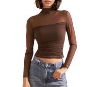 EMOTTOS Hauts de Mailles en Patchwork pour Femmes, T-Shirts Sexy en Dentelle avec Décolleté mi-Haut, Élégant Top Ajustée Clubwear Chemise Transparente Sexy, Marron, L