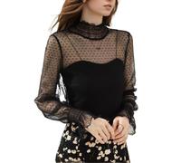 EMOTTOS Hauts en Dentelle pour Femmes, Y2K à Pois Crop Top en Maille Transparente Encolure Mi-Haute Froncée, Stylish Going Out Club Party Sexy See-Through T-Shirt pour Dames, Noir, L