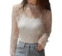 EMOTTOS Hauts en Dentelle pour Femmes, Y2K Floral Crop Top en Maille Transparente Encolure Mi-Haute Froncée, Stylish Going Out Club Party Sexy See-Through T-Shirt pour Dames, Blanc, XL