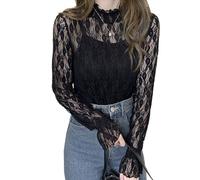 EMOTTOS Hauts en Dentelle pour Femmes, Y2K Floral Crop Top en Maille Transparente Encolure Mi-Haute Froncée, Stylish Going Out Club Party Sexy See-Through T-Shirt pour Dames, Noir, L