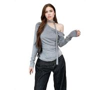 EMOTTOS Hauts Femmes Y2K, Sexy à épaules dénudées Manches Longues Coupe ajustée asymétrique Extensible Amincissant Volants sur Les côtés Cordon Assorti au col, t-Shirt fêtes Festivals, Gris, M