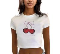 EMOTTOS Hauts Imprimé Cerise pour Femmes, Y2K Slim Fit Court Tops à Col Rond, Cropped T-Shirt Doux à Manches Courtes, Casual Tops Dété Skinny Clubbing Party, Blanc, S