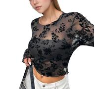 EMOTTOS Hauts Imprimés en Dentelle pour Femmes, Haut Court Sexy Y2K à col Rond en Maille, T-Shirt à Manches Longues Transparent, Vêtements D'été pour Les Soirées, Noir, Tailles S