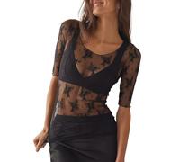 EMOTTOS Hauts Sexy en Dentelle pour Femmes, Manches Courtes en Maille Transparente imprimée, Combinaison Transparente à col Rond pour Femmes, Justaucorps Sexy pour Femmes, vêtements de Club(A1-Black)