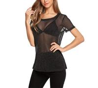 EMOTTOS Hauts Sexy en Dentelle pour Femmes, Manches Courtes Transparentes en Tulle, col Rond, Chemises Transparentes pour Femmes, Justaucorps Sexy pour Femmes(C1-Black)