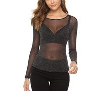 EMOTTOS Hauts Sexy en Dentelle pour Femmes, Manches Longues Brillantes et ajustées en Tulle Transparent, Chemises Transparentes à col Rond pour Femmes, Justaucorps Sexy pour Femmes(C2-Black)