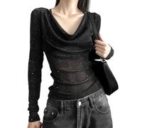EMOTTOS Hauts Sexy en Maille pour Femmes, Slim Fit Sequin Stamping Sheer Mesh Long Sleeve, Chemises sans Bretelles à Encolure dégagée pour Femmes, Top Sexy pour Femmes (Noir/Blanc, S-XL)