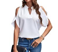 EMOTTOS Hauts Tuniques élégants pour Femmes, T-Shirts d'été à col en V décontracté et à épaules dénudées, Chemisier décontracté à épaules Froides en Fausse Mousseline(White-M)