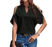 EMOTTOS Hauts Tuniques élégants pour Femmes, T-Shirts d'été à col en V décontracté et à épaules dénudées, Chemisier décontracté à épaules Froides en Fausse Mousseline(Black-S)