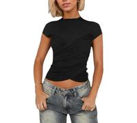 EMOTTOS Hauts Wrap Sexy pour Femmes, Y2K Slim Fit Tops avec Ourlet Froncé, Slim Fit T-Shirt Souple à Encolure Ronde Skinny Clubbing Party pour Femmes, Noir, L