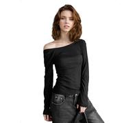 EMOTTOS Hauts Y2K Femmes, Sexy Manches Longues ajustés, Dos Ouvert asymétrique, Dos noué, épaules dénudées, légers, Extensibles Amincissants, t-Shirt élastique Les fêtes et Les Festivals, Noir, S