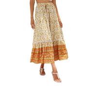 EMOTTOS Jupe Boheme Longue Femme, Jupe Maxi Élastique Taille Haute Fente Avant Ete, Jupe Florale Trapeze A-Ligne Rétro avec Bretelle Décorative pour Femme, Orange S