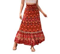 EMOTTOS Jupe Bohème Longue Femme Maxi Élastique Taille Haute Été Florale Trapèze A-Ligne Rétro Avec Bretelle Décorative, Rouge M