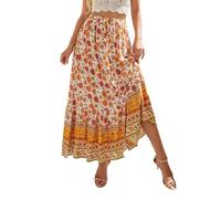 EMOTTOS Jupe Bohème Longue Maxi Élastique Taille Haute Été Florale Trapèze A-Ligne Rétro Avec Bretelle Décorative Pour Femme, Jaune M