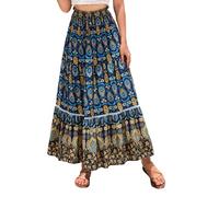 EMOTTOS Jupe Bohème Longue Maxi Élastique Taille Haute Été Florale Trapèze A-Ligne Rétro Avec Bretelle Décorative Pour Femme, Bleu S