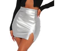 EMOTTOS Jupe Courte de Métallisée pour Femmes, Sexy Jupe Simili Cuir Jupes Fourre-Tout à Taille Haute avec Fermeture Éclair, Mini Jupe de Soirée en Cuir PU Fendue pour Femmes, Argenté, L
