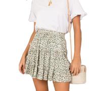 EMOTTOS Jupe Courte Évasée pour Femmes, Boho Mini Jupe Patineuse Plissée à Taille Haute et à Imprimé Floral Élastique Cordon de Serrage, Jupe Florale Flottante Ourlet Volanté, Vert, M