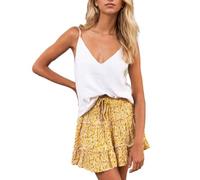 EMOTTOS Jupe Courte Évasée pour Femmes, Boho Mini Jupe Patineuse Plissée à Taille Haute et à Imprimé Floral Élastique Cordon de Serrage, Jupe Florale Flottante Ourlet Volanté, Jaune, S