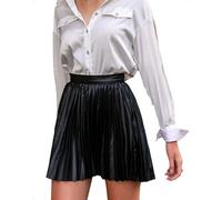 EMOTTOS Jupe Courte plissée en Cuir PU pour Femmes, Taille Haute élastiquée, Mini-Jupe à Fermeture éclair Invisible, Jupe trapèze en Simili Cuir pour Femmes, décontractée, Noir, L