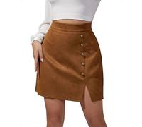 EMOTTOS Jupe Courte Simili Daim Femme Jupe Crayon Sexy à Taille Haute et Fente sur Le côté Coupe ajustée A-Line Fermeture éclair décorative Boutons métalliques Mini Cuir Les fêtes, M, Marron