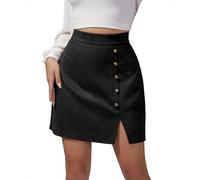 EMOTTOS Jupe Courte Simili Daim Femme Jupe Crayon Sexy à Taille Haute et Fente sur Le côté Coupe ajustée A-Line Fermeture éclair décorative Boutons métalliques Mini Cuir Les fêtes, M, Noir