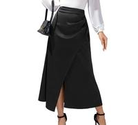 EMOTTOS Jupe Longue en Satin Femmes, Jupe Plissée Fendue sur Le Devant, Jupe Midi Longue Décontractée à Taille Haute Ligne A avec Fermeture à Glissière, Noir, S