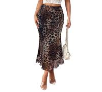EMOTTOS Jupe Longue Femmes, Jupe Longue d'été à imprimé léopard, Coupe Slim, Sexy, Taille Haute Tulle Extensible plissée, Ourlet en Maille d'été, vêtements de soirée pour Filles, Marron, S