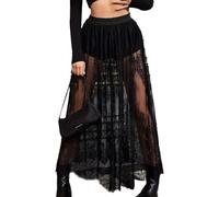 EMOTTOS Jupe Longue Femmes, Maxi Semi-Transparente Dentelle, Sexy 2 en 1, Transparente Taille élastique Taille Haute Ligne A Jupe Tulle avec Short Festival Streetwear, Clubwear, Noir, L