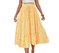 EMOTTOS Jupe Maxi d'été bohème Taille Haute élastique Ourlet à Volants Ample Ligne bohème Vintage Plage Cordon de Serrage Longue Jupe Fluide plissée Jaune, M