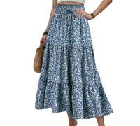 EMOTTOS Jupe Maxi d'été bohème Taille Haute élastique Ourlet à Volants Ample Ligne bohème Vintage Plage Cordon de Serrage Longue Jupe Fluide plissée Bleu, L