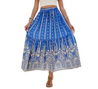 EMOTTOS Jupe Maxi d'été pour Femme - Jupe bohème Haute - Taille élastique Ample Ourlet plissé Longue Style bohème Vintage Cordon décoratif Maxi Long Flowy élégant, Bleu S-