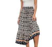 EMOTTOS Jupe Maxi d'été pour Femme - Jupe bohème Haute - Taille élastique Ourlet plissé Longue Style bohème Vintage Imprimé Cordon décoratif Maxi Long Flowy élégant, Bleu S