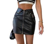 EMOTTOS Jupe Short Cuir Femme, Zip Simili Cuir PVC Elastic Stretch Mini Jupe avec Deux Façons de Porter, Deux Poches latérales Zippées Jupe Crayon Taille Haute Amincissante, Noire, L