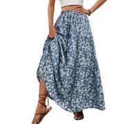 EMOTTOS Jupe Taille Elastique, Jupe Longue Femme Boheme avec Ceinture élastiquée, Taille Haute, Ligne A, Motif Floral, Style Vintage Décontracté pour l'été, Bleu L