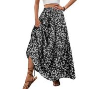 EMOTTOS Jupe Taille Elastique, Jupe Longue Femme Boheme avec Ceinture élastiquée, Taille Haute, Ligne A, Motif Floral, Style Vintage Décontracté pour l'été, Noir L