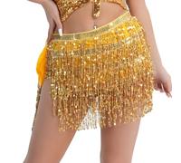 EMOTTOS Jupes Paillette Femme, Jupe Paillette Femme Sequin Skirt, Jupe à Paillettes Mini Jupe Frange Belly Dance Skirt Rave Festival pour Femmes et Filles (Or)