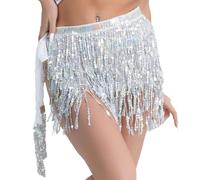 EMOTTOS Jupes Paillette Femme, Jupe Paillette Femme Sequin Skirt, Jupe à Paillettes Mini Jupe Frange Belly Dance Skirt Rave Festival pour Femmes et Filles (Argent)