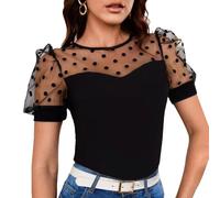 EMOTTOS Manches Courtes Top Femmes, T-Shirts Top Manches Courtes avec Manches Bouffantes Transparentes à Pois, Tshirt Tee Shirt Femmes Basic Tee Élégant Couleur Unie Été Coupe Étroite, Noir L