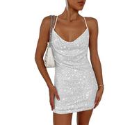 EMOTTOS Mini Robe à Paillettes, Robe Dos Nu avec Doublure, Dress Bodycon à Ourlet Souple, Tube Brillant Club Cocktail Party Pencil Dresses(Noir/Argent, S-XL)