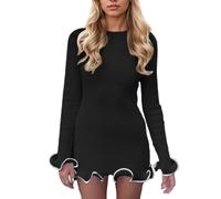 EMOTTOS Mini Robe à Volants pour Femme, Robe de A-Line Swing Bodycon avec Ourlet à Volants, Robes de Cocktail élégantes avec Manches à Volants, Robe Froufrou pour Soirée Clubbing Cocktail, Noir, L